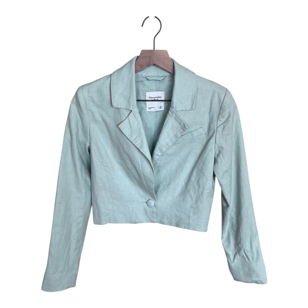 Abercrombie Cropped Linen-Blend Blazer - Green XS